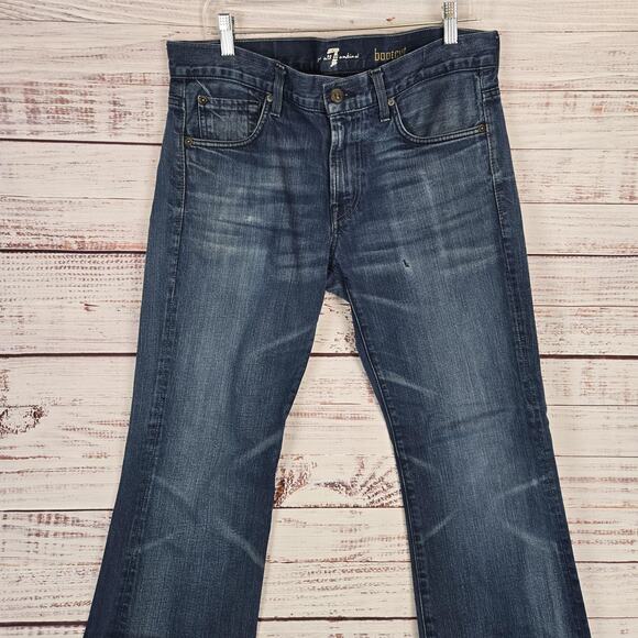 7 For All Mankind Jeans Mens 33x30 Blue Bootcut Denim Distressed Western Cowboy - Picture 3 of 14